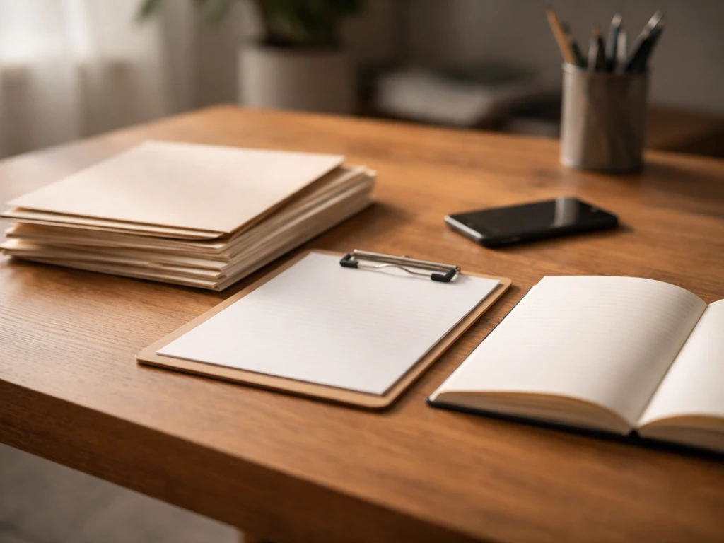 Minimal desk scene with folders and a smartphone, suggesting evidence-driven net worth research