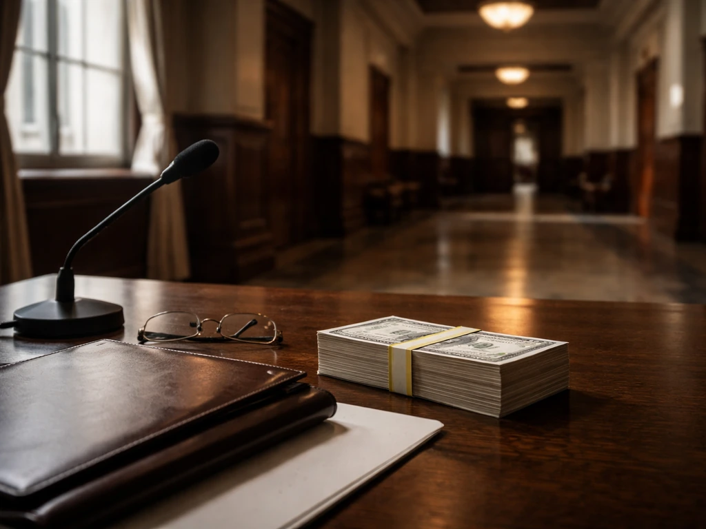 Empty official foreign ministry corridor with money-themed props, suggesting high-level diplomacy and net worth analysis