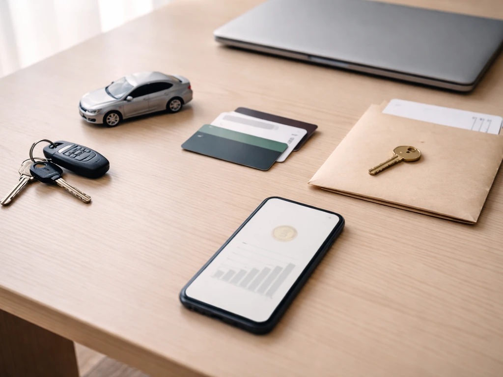 Minimal desk scene showing keys, documents, and financial items representing real estate, vehicles, and accounts.