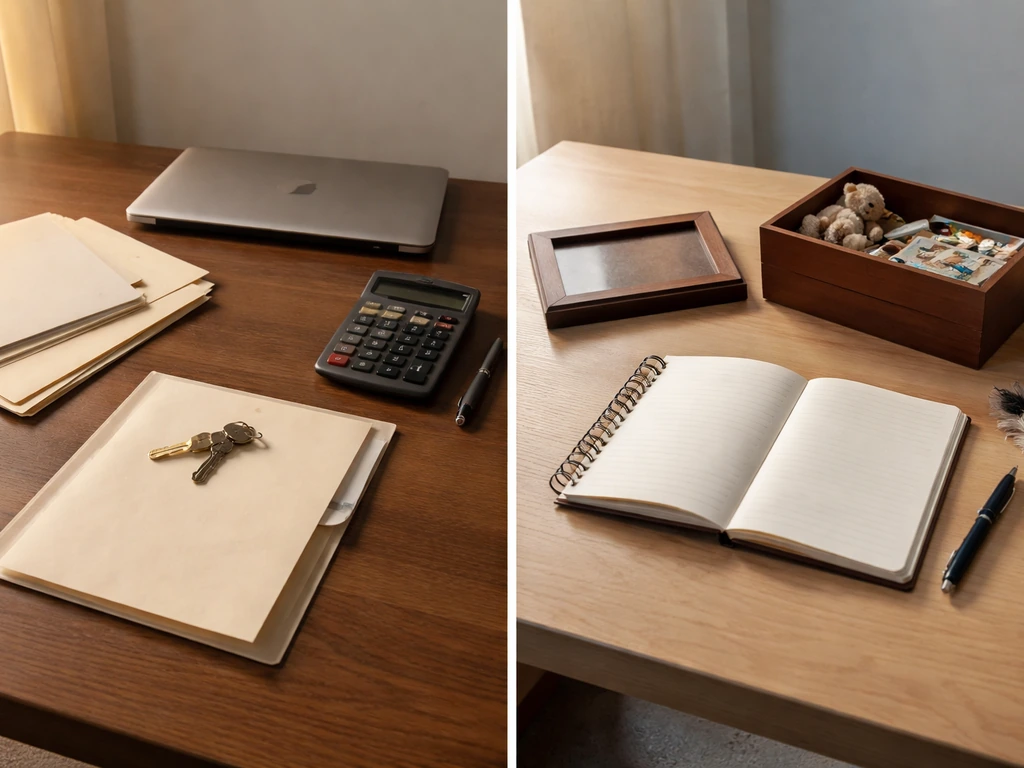 Two matching office-desk scenes side-by-side with symbolic “narrow vs broad” asset documentation items.