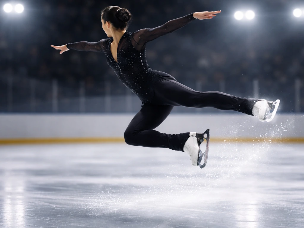 Figure skater silhouette executing a jump on an ice rink under bright arena lights.