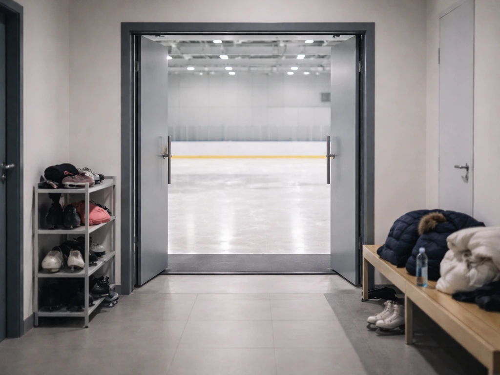 Bright skating academy corridor with entrance doors and a glimpse of an ice rink and coaches’ area