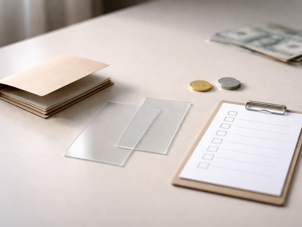 Minimal desk scene with an empty folder and blank documents beside coins, suggesting claims without verification.
