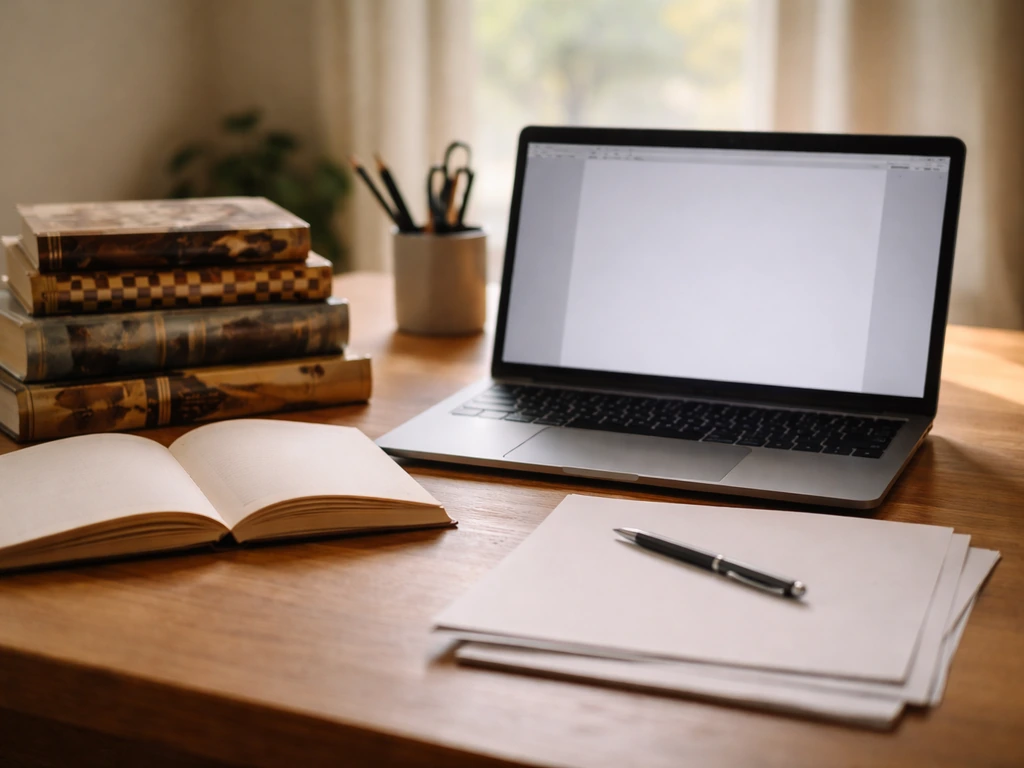 Desk scene with chess books and an open manuscript on a laptop, symbolizing post-retirement publishing income.