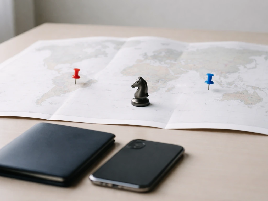 Minimal symbolic photo showing cross-border relocation from Russia toward the US/Croatia with a chess anchor.