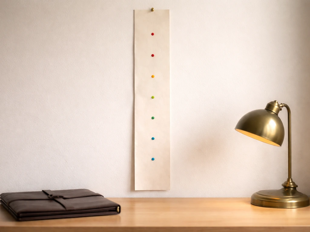Minimal desk scene with a vertical pinned timeline strip marked by colored circles, suggesting changing financial milest
