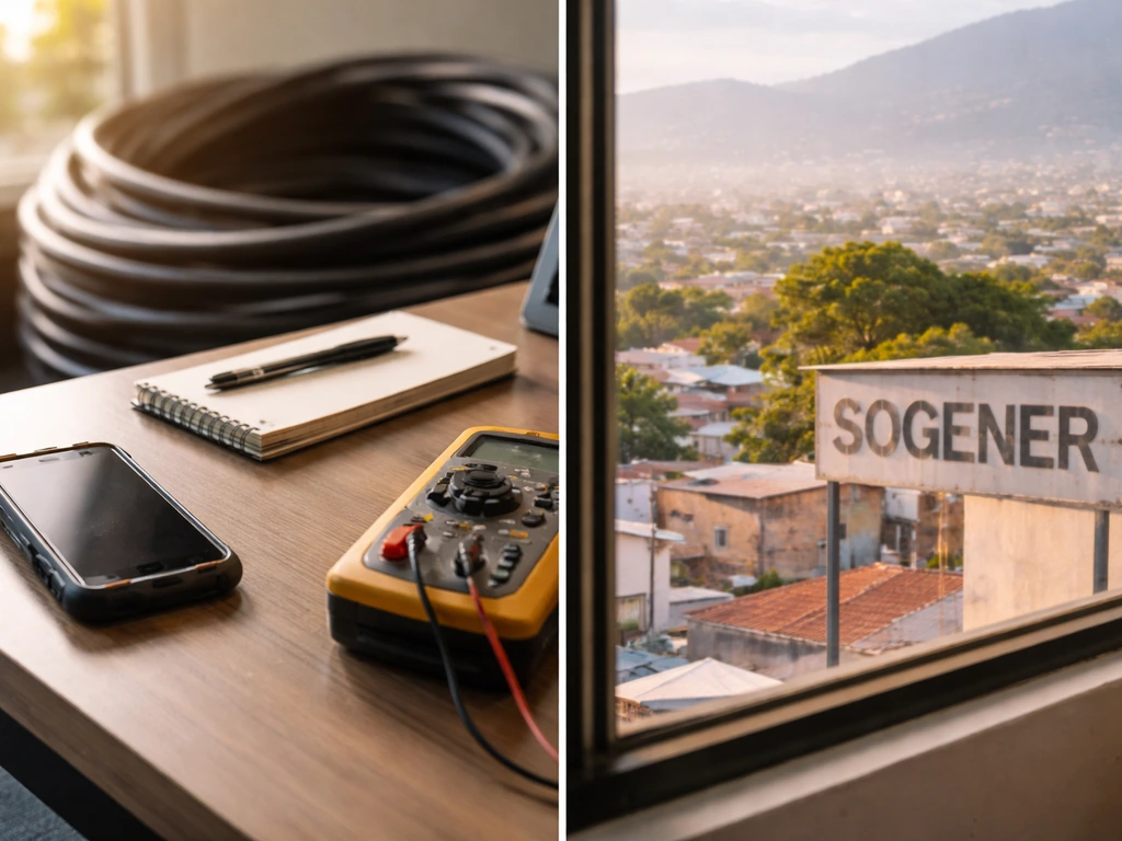 Haitian private power office desk with “SOGENER” signage and Port-au-Prince skyline view through window