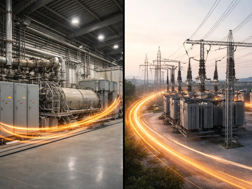 Minimal split scene showing power generation equipment and utility infrastructure with an orange glow, suggesting revenu