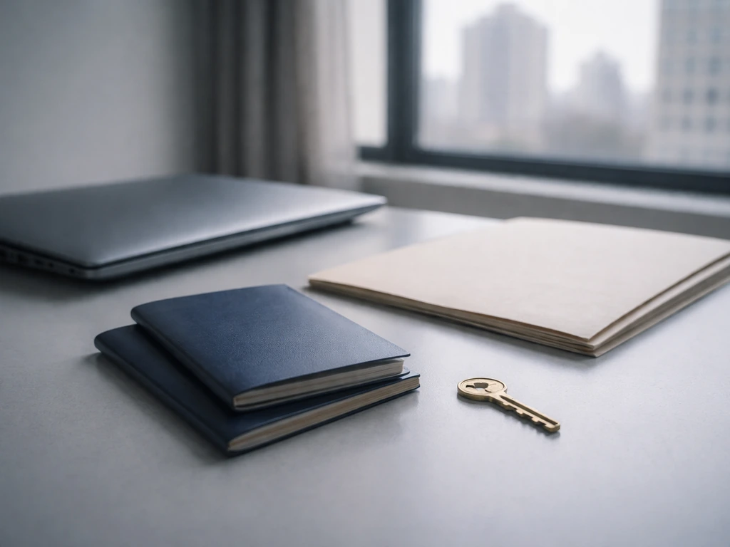 Minimal desk scene with a closed laptop, two passports, and a key symbolizing offshore legal verification issues