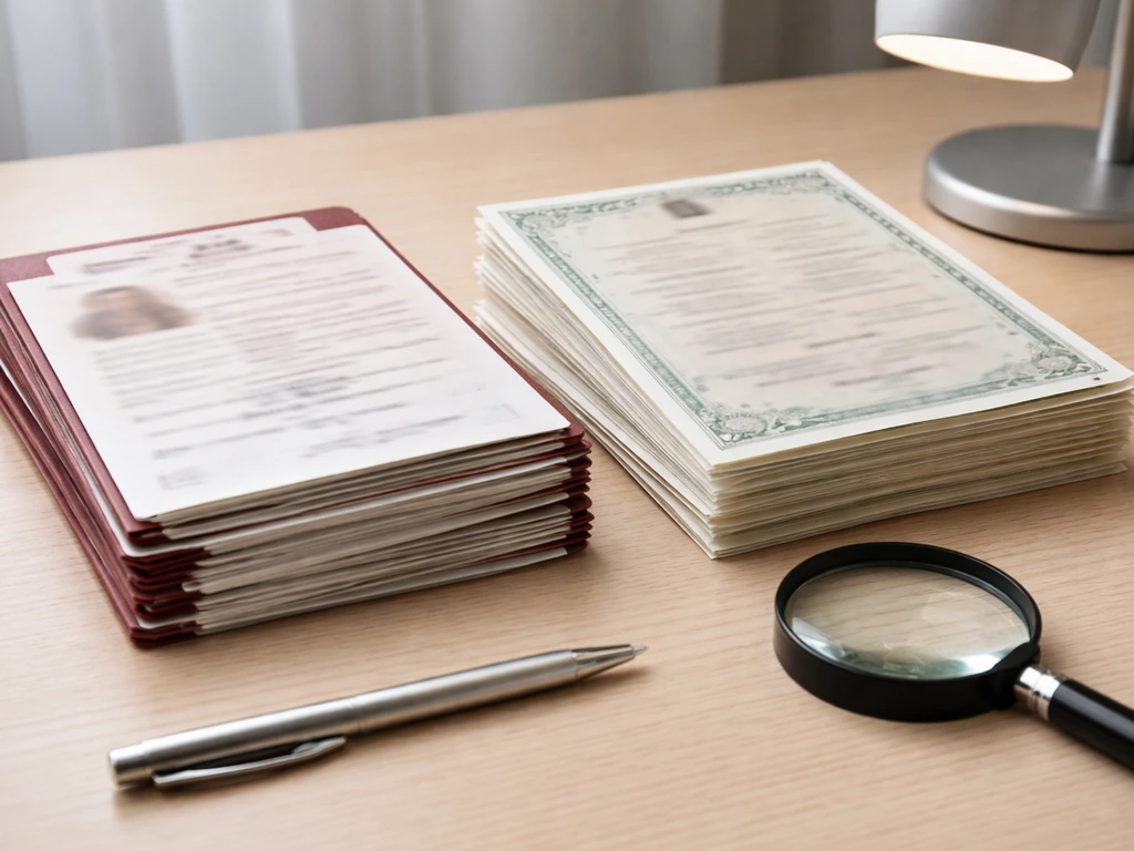 Two stacks of blurred identity documents on a desk with a magnifying glass for identity verification.