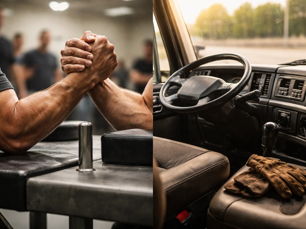 Armwrestling match hands facing off beside a truck cab interior, showing day job and sport in one frame.