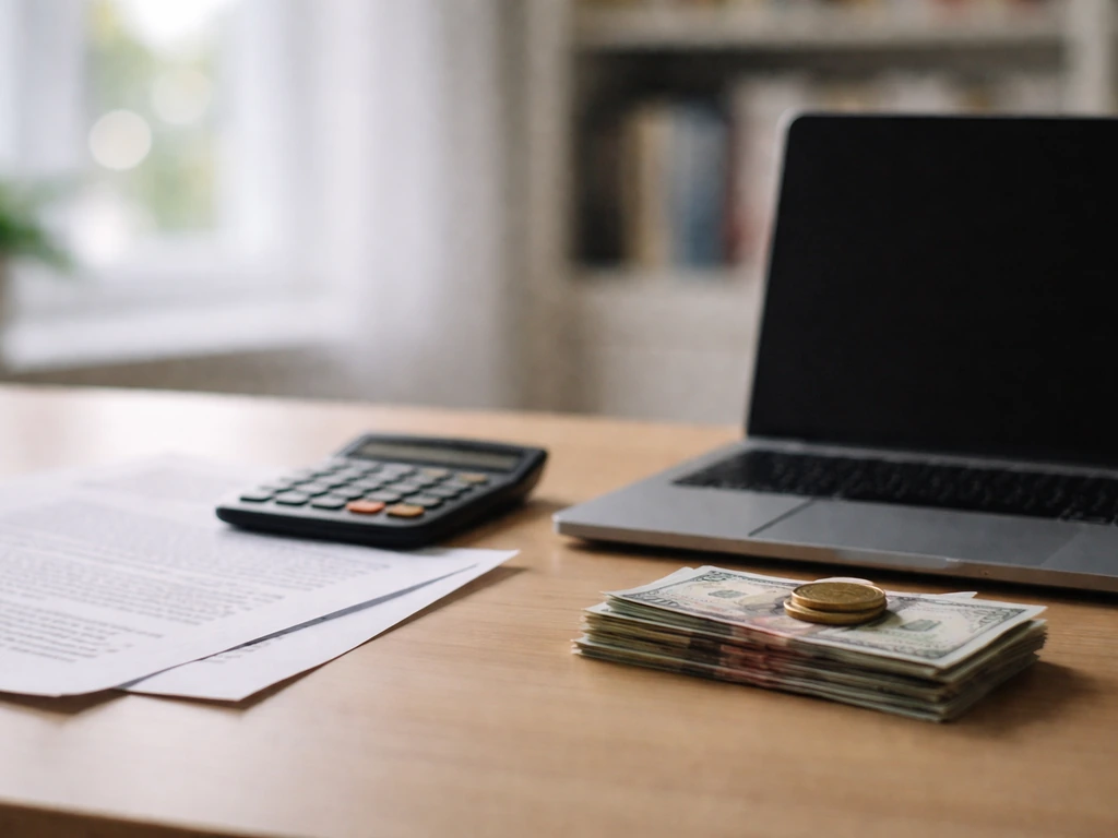 Minimal desk scene with unreadable documents, calculator, cash, and a coin symbolizing source and valuation differences.