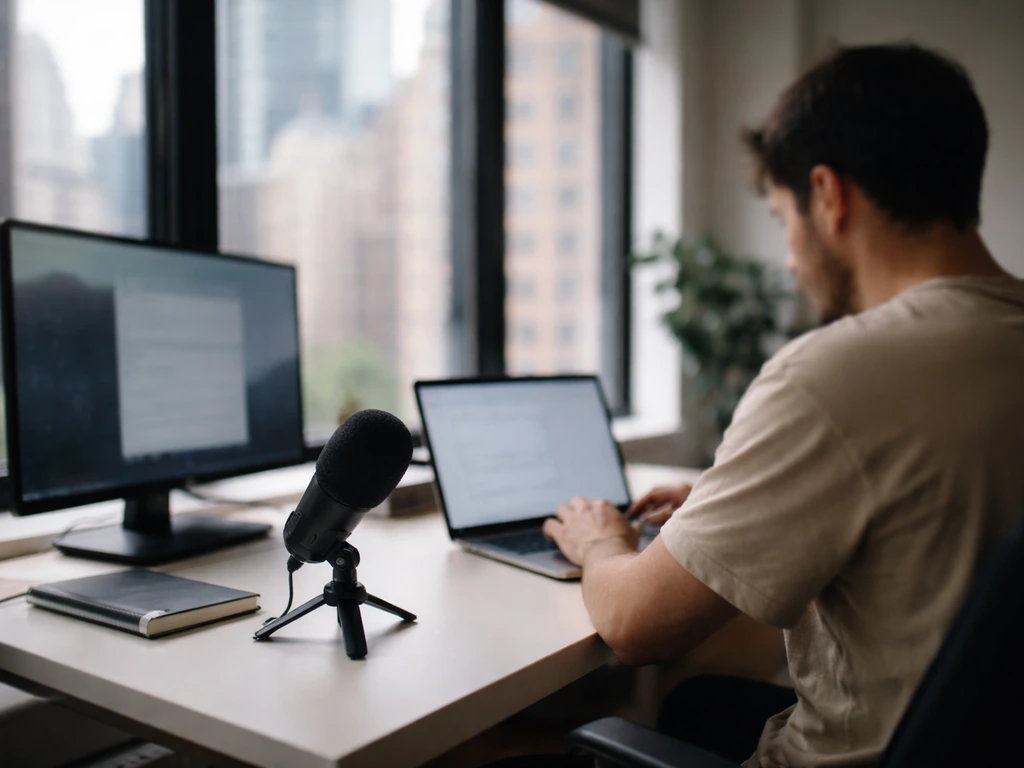 Anonymous tech worker at a minimalist desk in a New York office, laptop and microphone nearby.