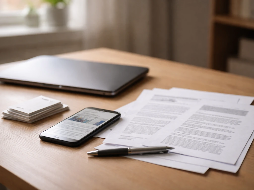 Minimal desk scene with blurred finance documents and phone media to suggest verifying net worth estimates.