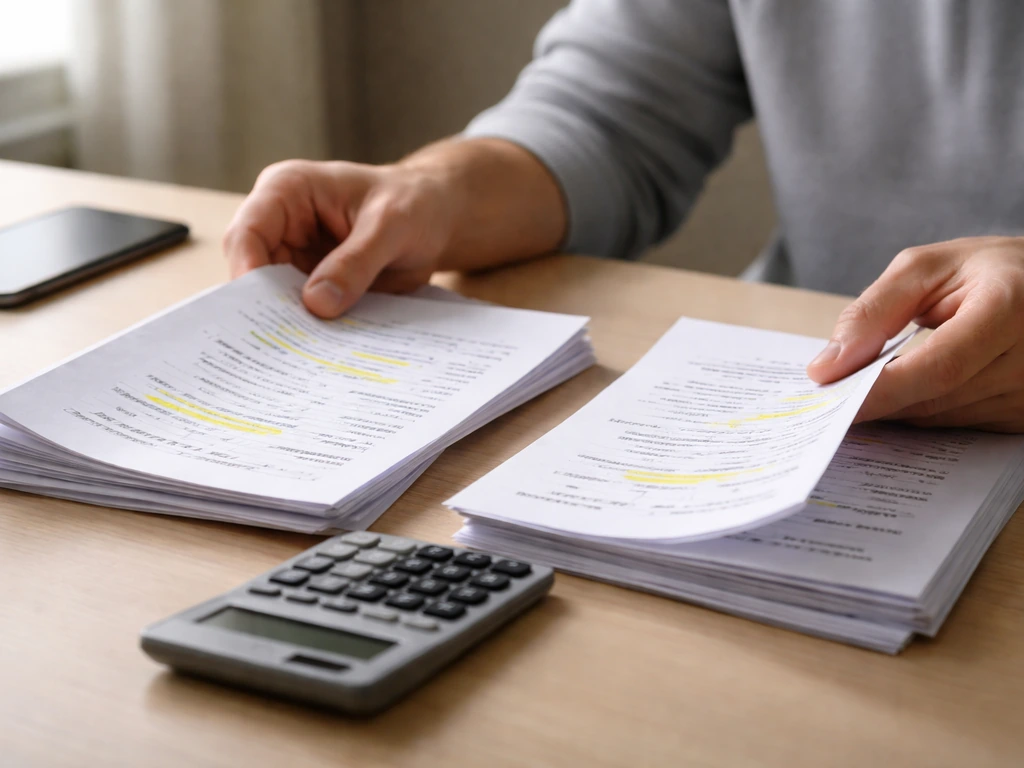 Close-up of hands comparing printed numbers and notes on a desk with a smartphone and calculator