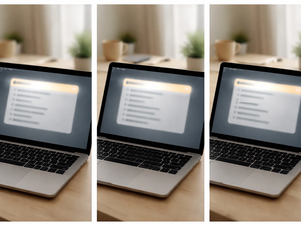Minimal photo of a desk with an open laptop showing blurred search suggestions for a name