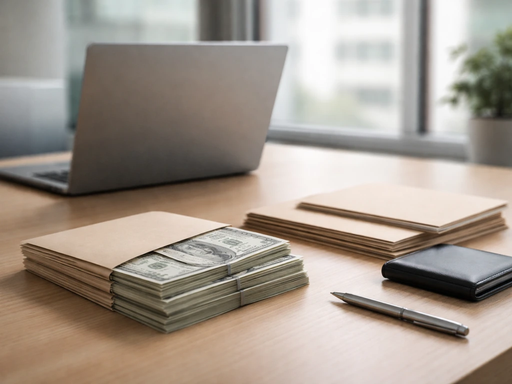 Minimal photo of a tech office desk with an open laptop and scattered cash envelopes symbolizing equity wealth.