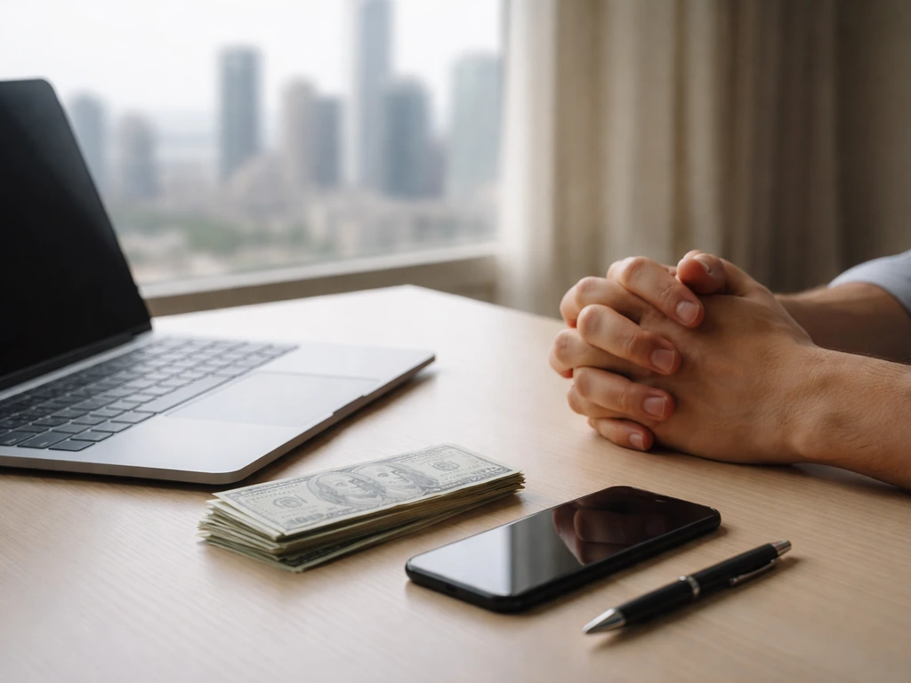 Minimal desk scene with a laptop, banknotes, and a blurred city skyline backdrop symbolizing net-worth analysis