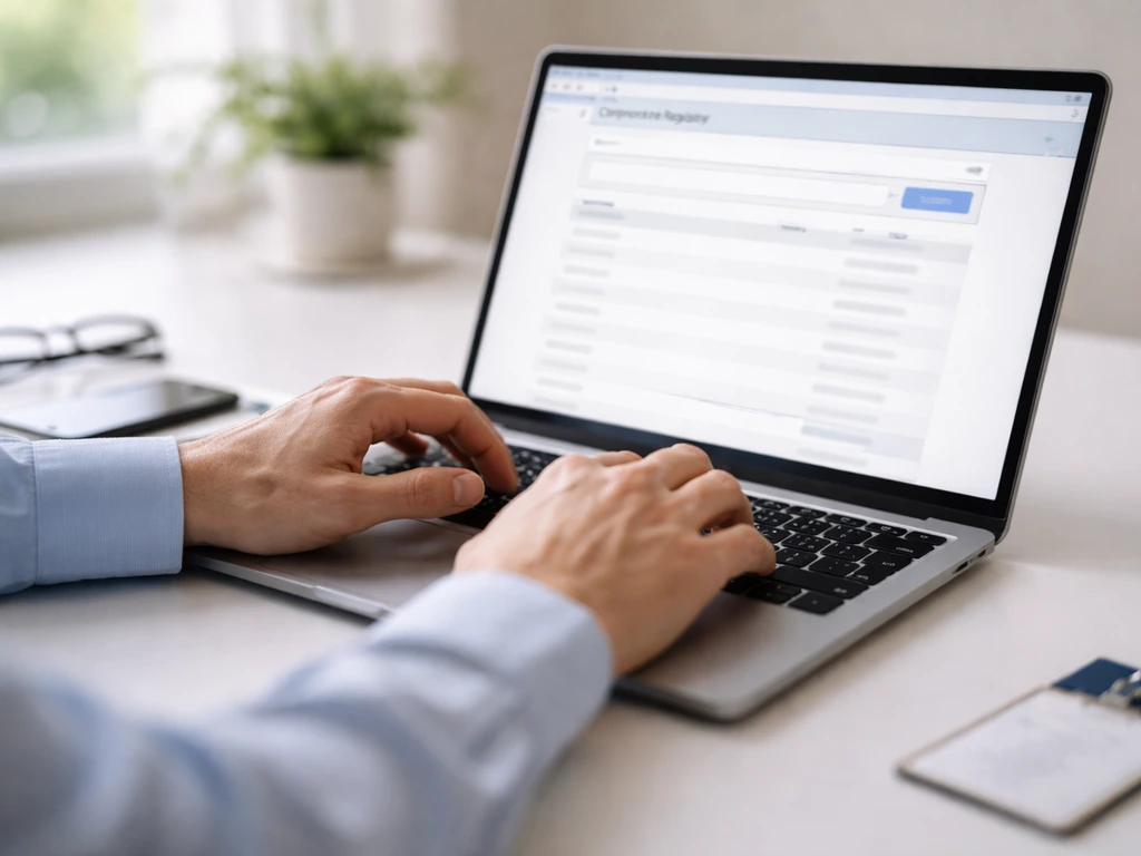 Hands typing on a laptop showing a blurred corporate registry search page for an anonymous company
