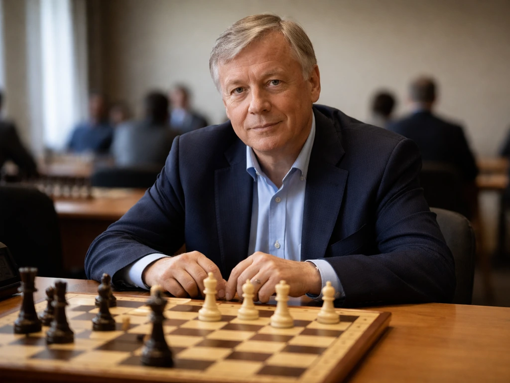 A focused chess player at a wooden table with a chessboard, suggesting Anatoly Karpov’s identity.