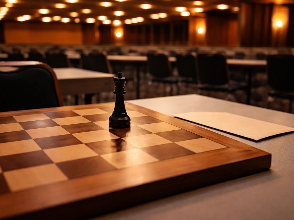 Close-up of a chessboard with an unmarked prize envelope in a quiet tournament hall, no people visible.