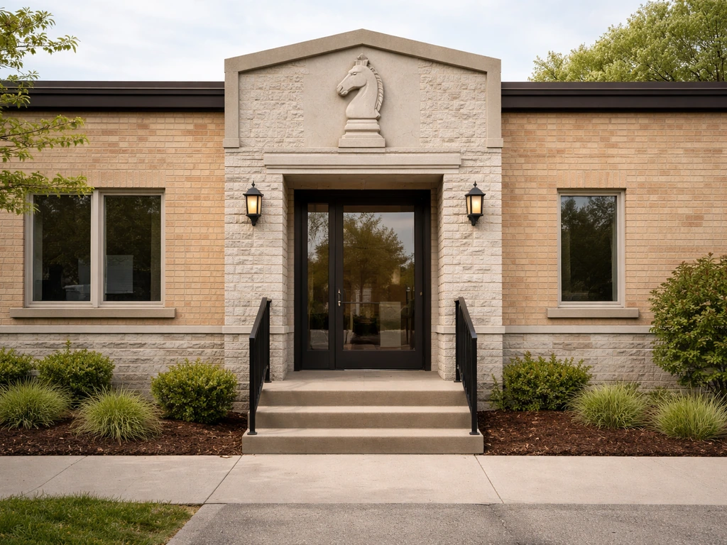 Quiet view of an international chess school building in Lindsborg, Kansas with chess-themed details.