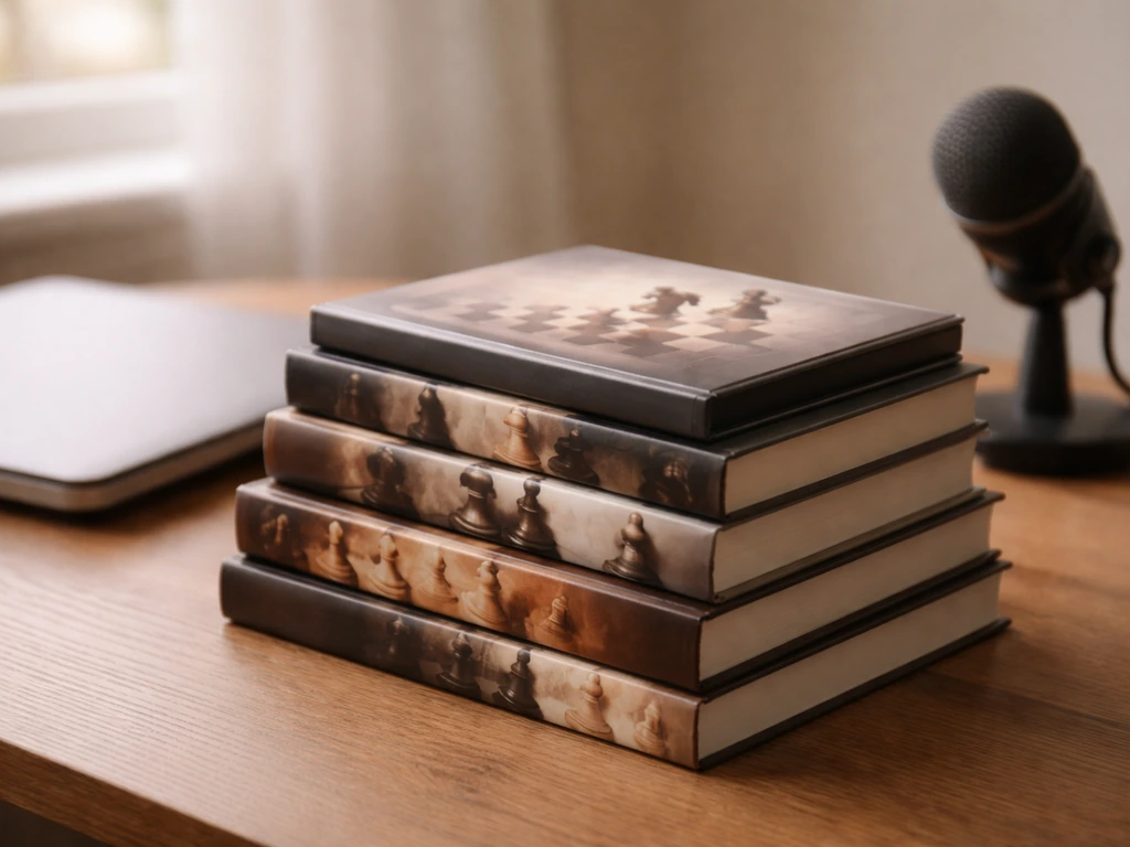 Stack of chess books and a DVD case on a desk with media tools nearby, symbolizing royalties.