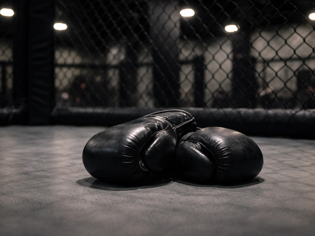 Worn boxing gloves resting on the canvas inside a UFC-style training cage, money-era vibe, no people