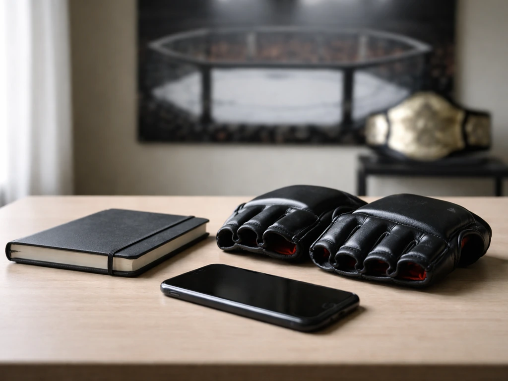 Minimal desk scene with MMA gloves and notebook, evoking UFC bantamweight fight earnings.