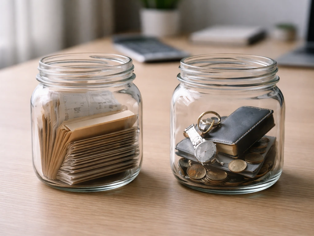 Two glass jars on a desk symbolizing income-based vs broader wealth assumptions for net worth estimates.