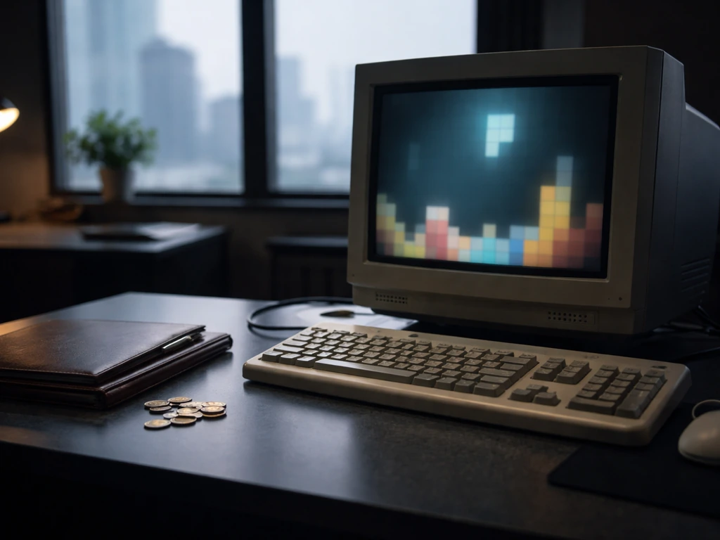 A minimalist desk with a vintage computer, crisp money-themed details, and a blurred city skyline backdrop
