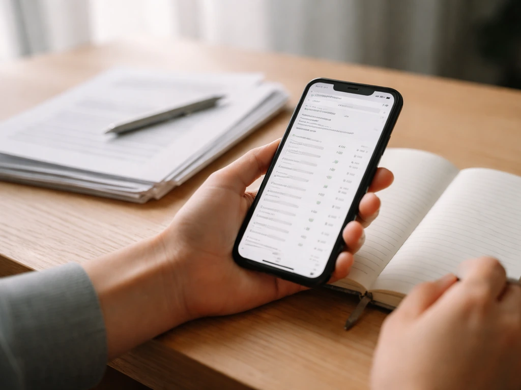 Hands review a phone with a generic database page and documents on a desk to verify sources.