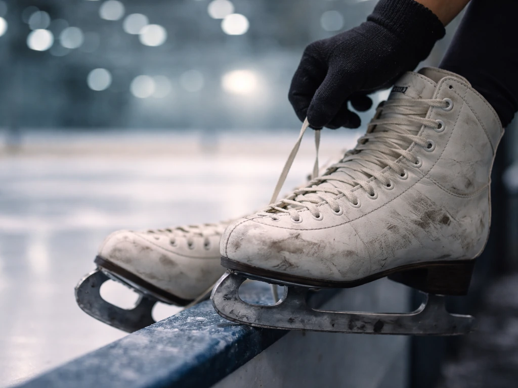 Anonymous ice-dancer practice scene with skates and gloved hand on an indoor rink edge.