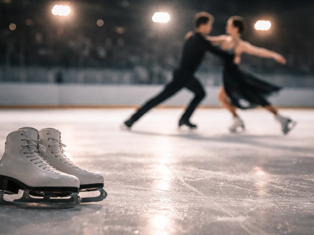 Anonymous ice-dance practice on a rink with visible skate blades and motion blur, suggesting Russian figure skating.