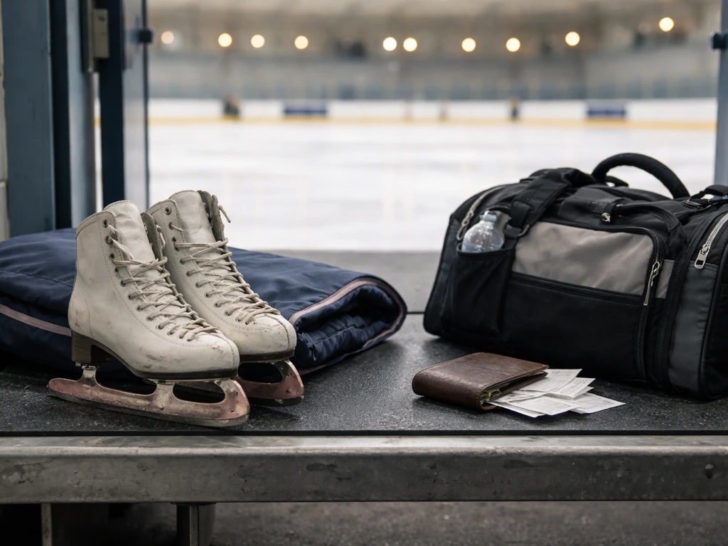 Skates, gear bag, and wallet beside a quiet rink entrance, symbolizing ice-dancing expenses and liabilities.