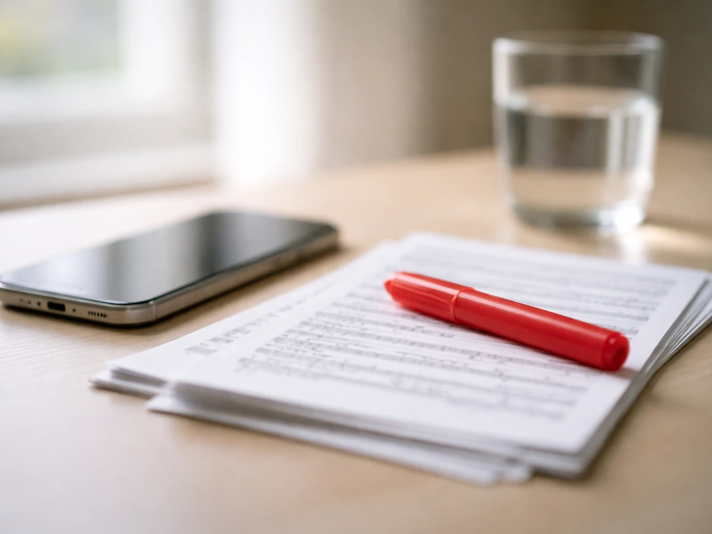 Minimal desk scene with phone, paper pages, and a red marker suggesting a media estimate anchor.