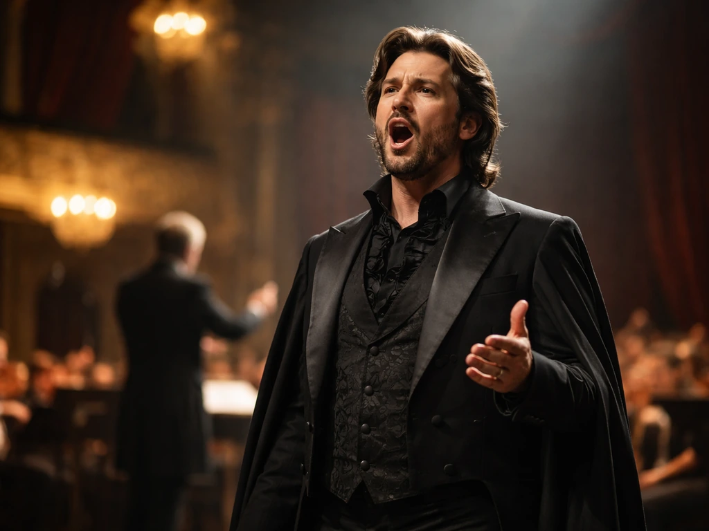 Baritone opera singer performing on stage with an orchestra and conductor in the softly lit background.