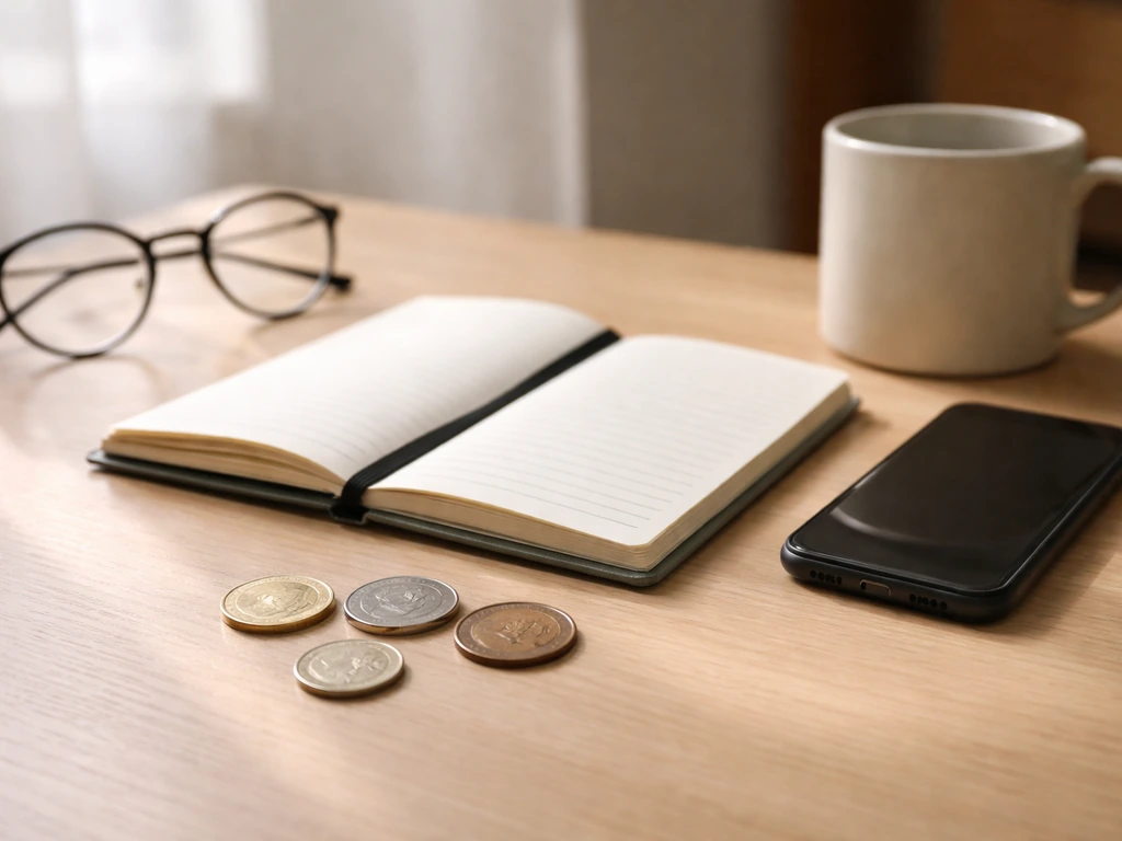 Minimal desk scene with coins, smartphone, notebook, and glasses suggesting comparison of financial numbers.