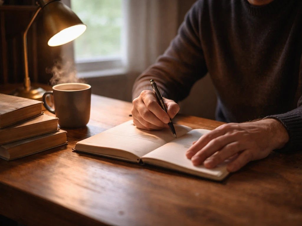 British science fiction author at a desk with a notebook and coffee, ready to write in a quiet room
