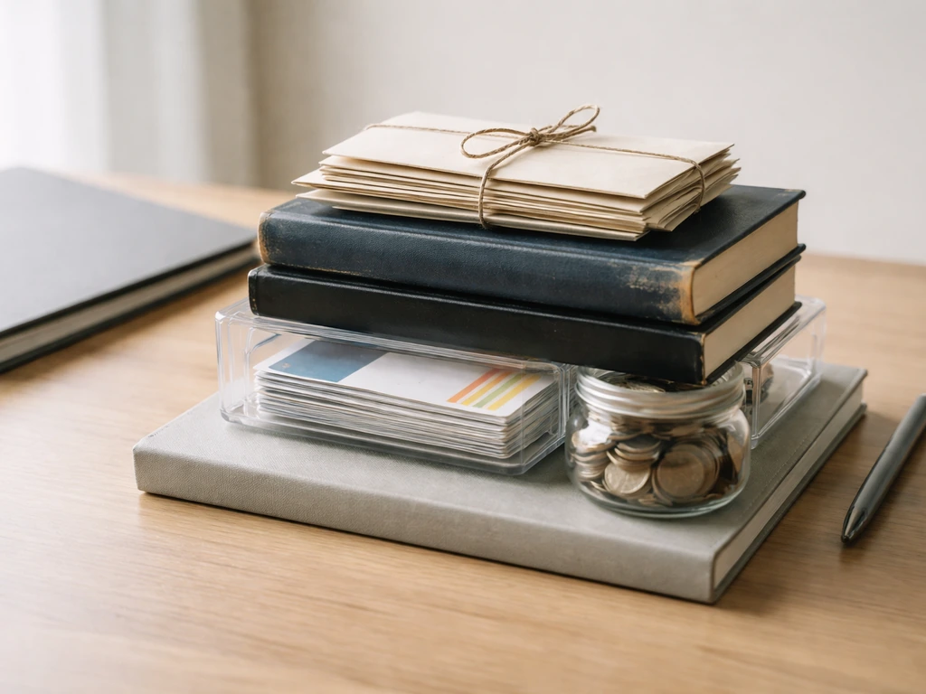 Minimal desk scene with layered books, envelopes, cards, coins, and a jar symbolizing net worth inputs.