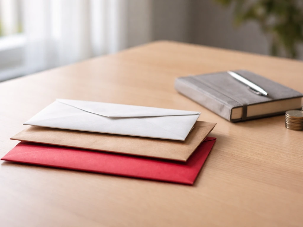 Three stacked envelopes and a notebook on a desk with a few coins, symbolizing scenario-based ranges.