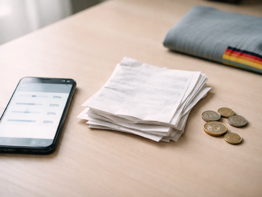 Minimal desk scene showing tennis prize receipt papers and a tax/fee calculator vibe with sliders, reducing amounts.