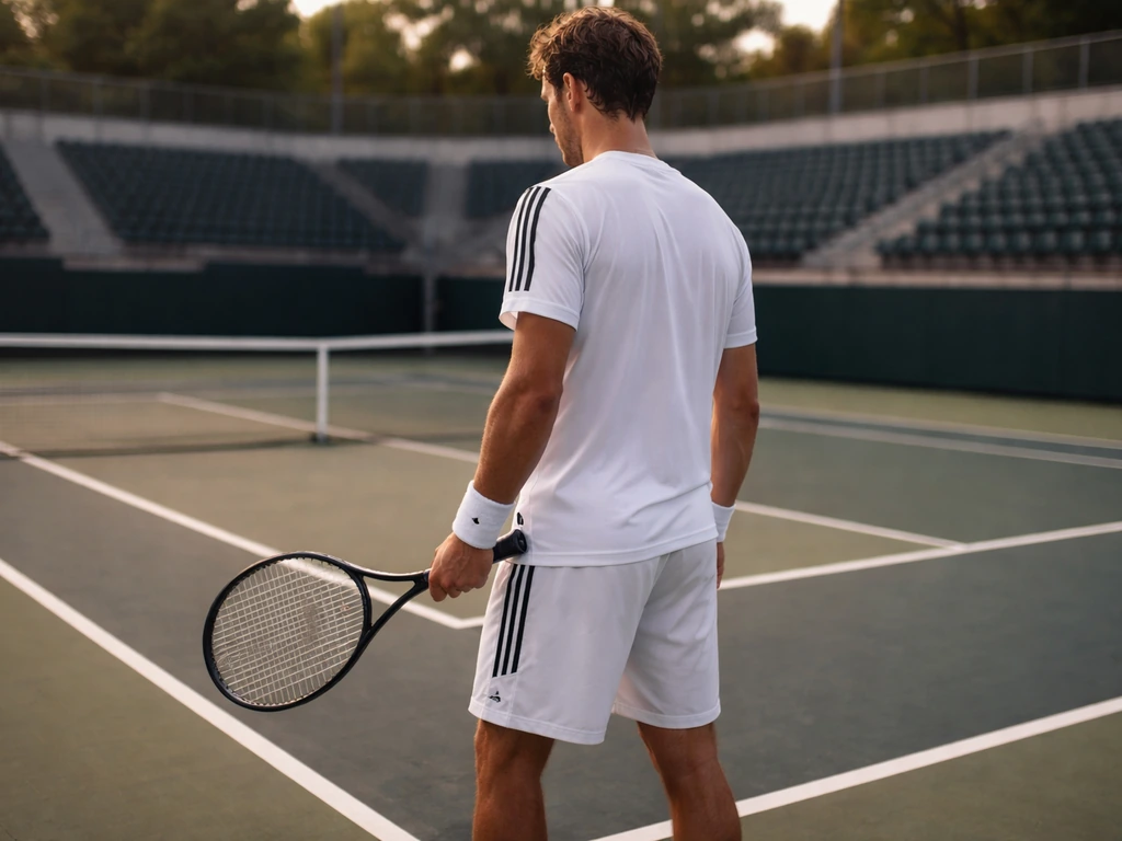 Anonymous pro tennis player in Adidas-accented apparel on a quiet court holding a racket.
