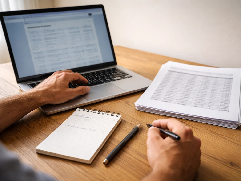 Close-up of an anonymous person reviewing public prize-money records on a laptop with pencil checklist notes.