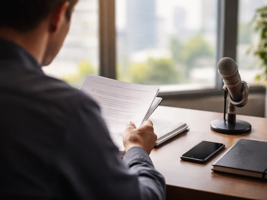 Anonymous person at a business desk with papers and microphone, softly lit by a city-view window.