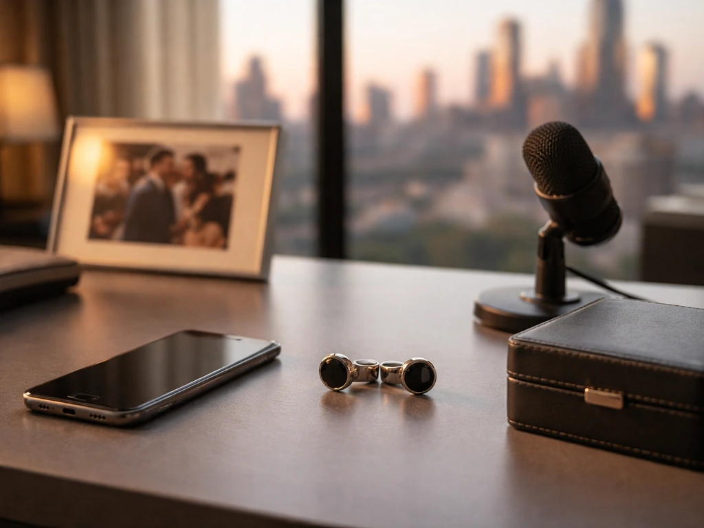 Minimal desk scene with smartphone, cufflinks, and studio microphone symbolizing media and public profile buzz.