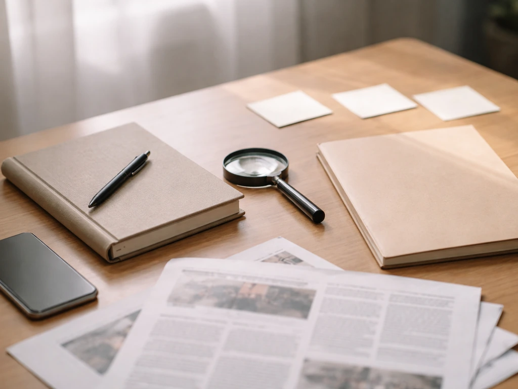 Minimal desk with magnifying glass, notebook, media clippings, suggesting research and source reliability.