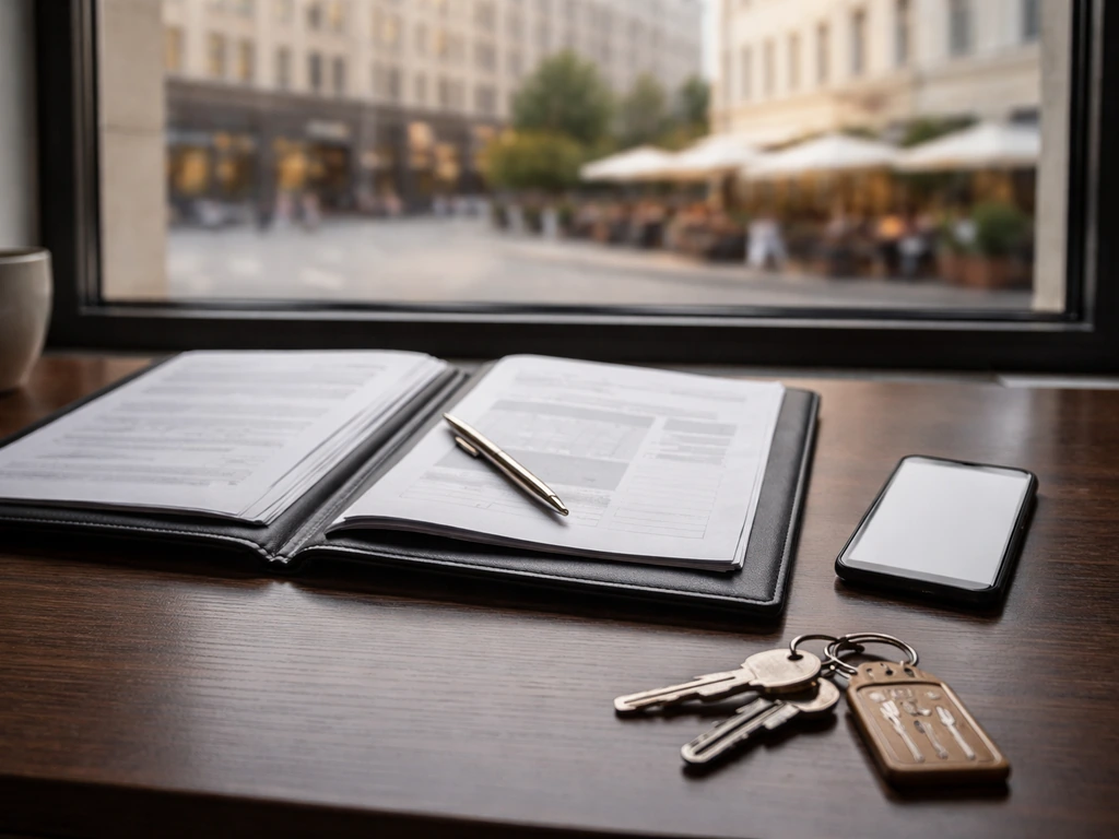 Minimal Moscow office desk with generic corporate documents, smartphone, and restaurant keys on a keyring.