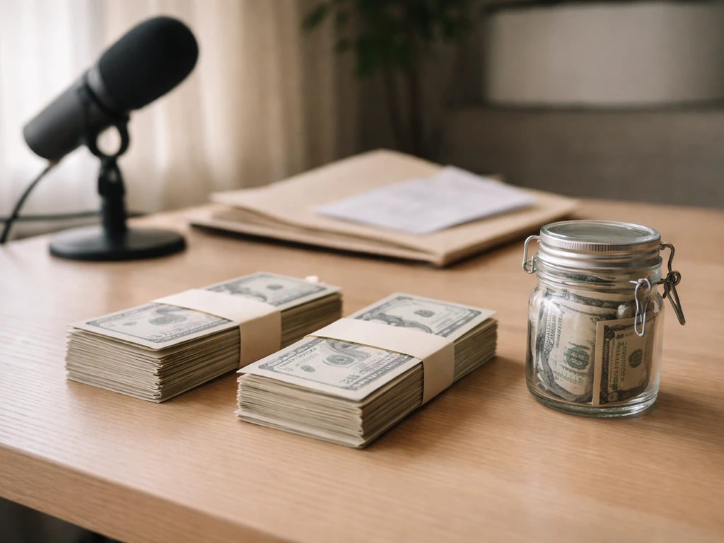 Minimal desk scene with cash envelopes, a savings jar, and an unbranded microphone—symbolizing earnings vs net worth.