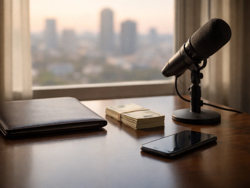 Anonymous desk with portfolio, cash-like bills, smartphone, and microphone beside a blurred city window.